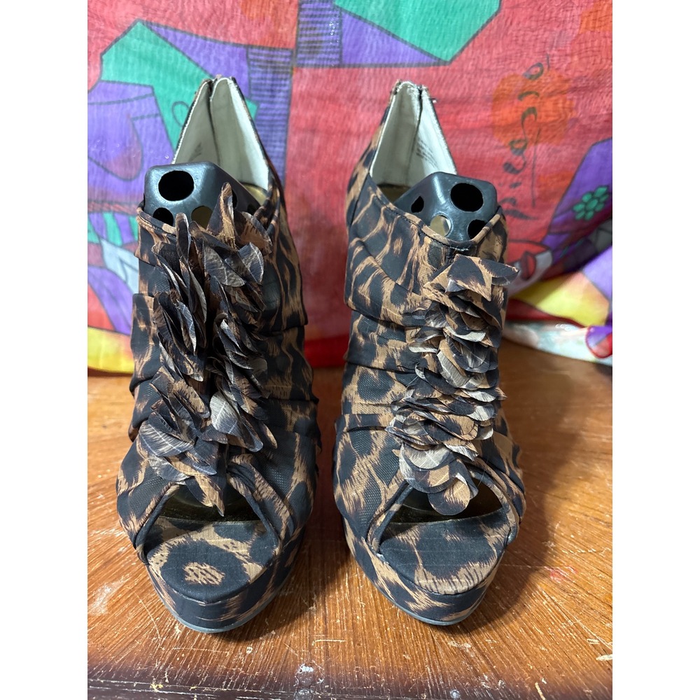 Leopard Print Ruffle Peep Toe Platform Stiletto Booties Brown Animal Print 5in